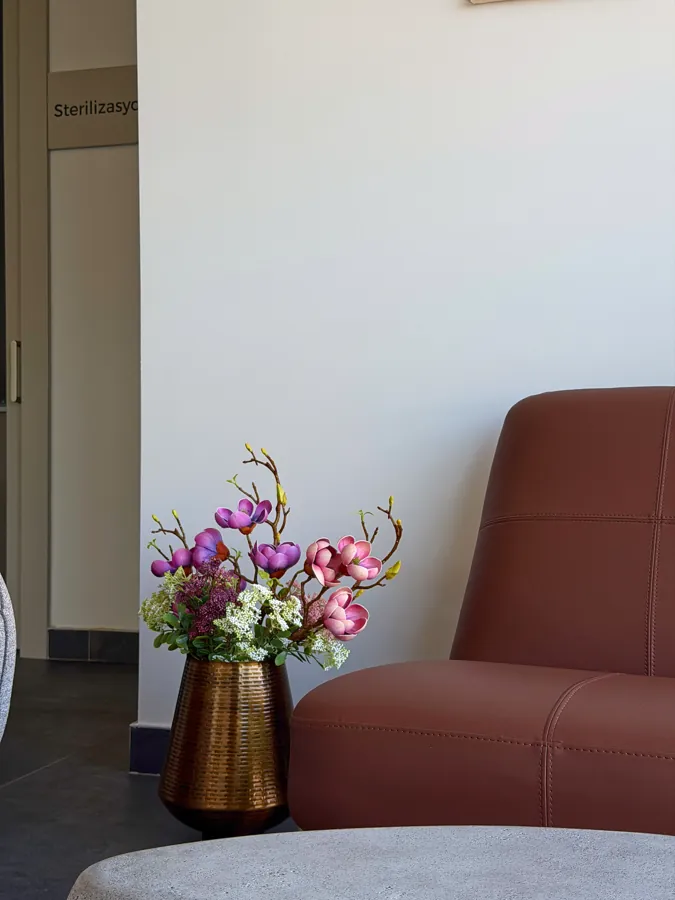 Diş kliniği bekleme alanından çiçek ve koltuk detayı