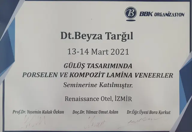 Gülüş tasarımında porselen ve kompozit lamina veneerler semineri katılım belgesi, 13–14 Mart 2021