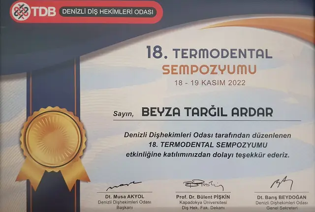18. Termodental Sempozyumu katılım belgesi, 18–19 Kasım 2022
