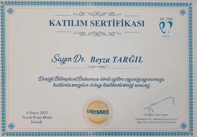 İmplant eğitim buluşması katılım belgesi, 8 Mayıs 2023